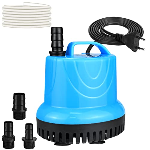 20W 1500L/H Mini Wasserpumpe, Aquariumpumpe Springbrunnenpumpe Klein Tauchpumpe, Ultra Leise Aquarium Pumpe Förderpumpe mit 3 Düse & 1,5 m Schlauch für Teiche, Aquarium, Garten, Brunnen (Blau) von XunHe