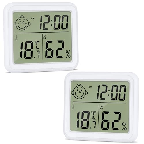 2 Stück Digital Thermometer Hygrometer Innen, LCD Raumthermometer mit hohen Genauigkeit, Zimmerthermometer mit Smiley Indikator, Temperatur und Luftfeuchtigkeitsmesser Innen für Schlafzimmer, Büro von XunHe