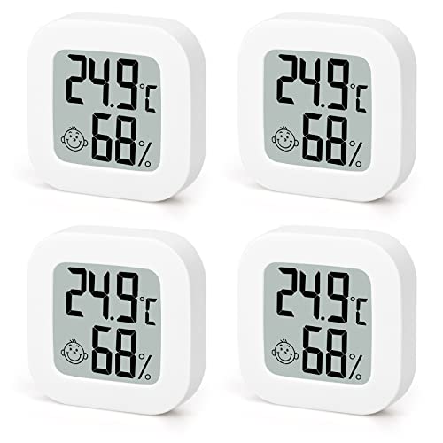 Mini Digital Thermometer Hygrometer innen, 4 Stück Raumthermometer LCD Digitales Zimmerthermometer, Temperatur und Luftfeuchtigkeitsmesser mit Hohen Genauigkeit für Babyzimmer, Wohnzimmer, Büro (Weiß) von XunHe