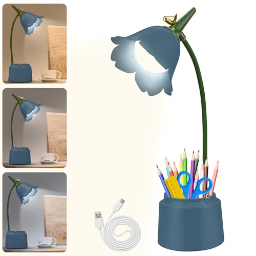 Schreibtischlampe Kinder mit Stifthalter, Dimmbare LED Nachttischlampe 3 Farbtemperaturen, Tischlampe mit 360° Flexibel Arm Schwanenhal, Wiederaufladbare Schreibtischlampe für Lesen, Lernen (BLUE) von XunHe