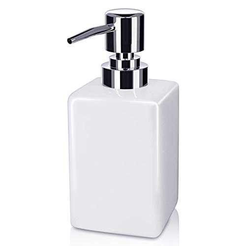 Seifenspender, 320ml Keramik Quadratischer Klassischer Seifen- und Lotionspumpenspender für Die Küche Badezimmer Waschküche Nachfüllbares Shampoo Handseifenseife Ätherisches Öl (Weiß) von JTOOYS