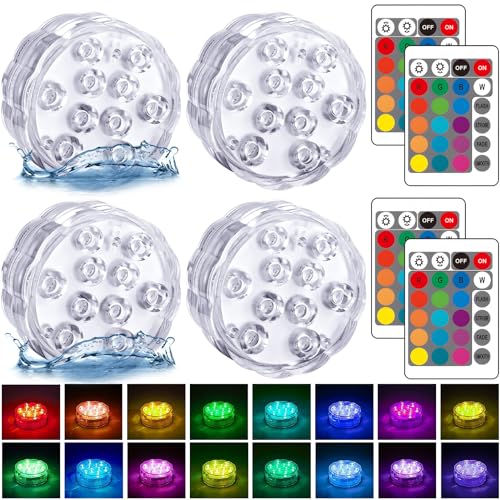 XunHe Unterwasser Licht, Wasserdicht und Batteriebetrieben, 4 Stück 10 LED RGB Lichtperlen Multi Farbwechsel Teichbeleuchtung mit Fernbedienung, Für Garten Pool Badewanne Aquarium Partydekoration von XunHe