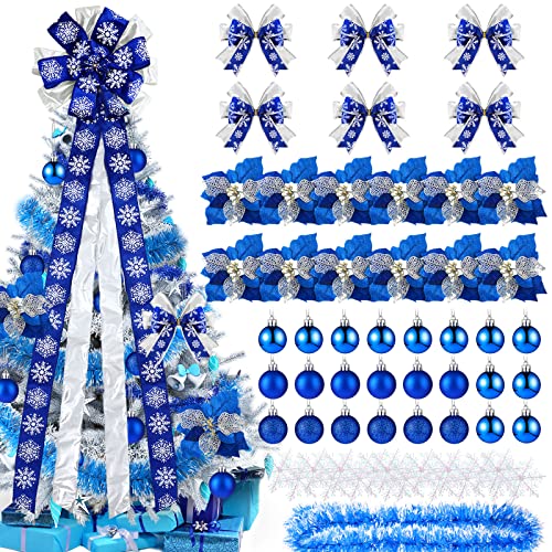 63-teiliges blaues Weihnachtsdekorations-Set, inklusive großer Schleife Weihnachtsbaumspitze, metallische Lametta-Girlande, Kugeln Ornament und weiße Schneeflocken-Dekorationen von XunYee