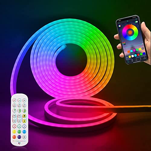 12V RGB Neon LED Streifen, XUNATA Bunt Wasserdicht Diffusion Silikon Neon Flex LED Lichtband Schlauch, Smart App Control, Musiksync, mit Fernbedienung, Kompatibel mit Alexa Google Assistant (8M=5M+3M) von XUNATA