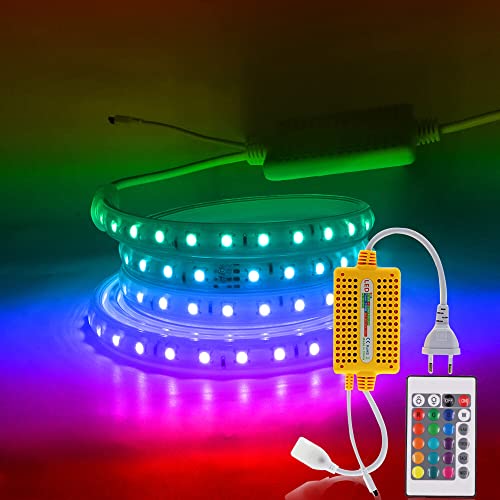 XUNATA 6M LED RGB Strip, AC 220V IP65 Wasserdicht Mehrfarbig, Kein Bleidraht, SMD 5050 60leds/m LED Lichtband mit Wasserdicht Controller+24 Tasten IR-Fernbedienung für Hausbeleuchtung Party DIY Deko von XUNATA