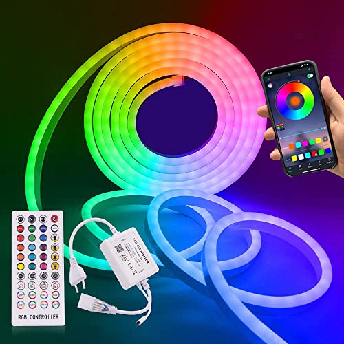 XUNATA 230V Bluetooth Neon LED Streifen, SMD 5050 IP65 Wasserdicht Diffusion Silikon Mehrfarbig Neon Flex LED Schlauch Lichtband (25M) von XUNATA