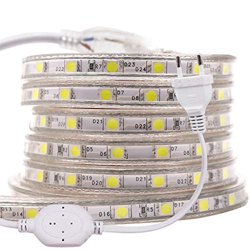 XUNATA LED Streifen,AC 220V 230V 5050 SMD 60leds / m IP65 Wasserdicht Flexibles LED Band mit Netzstecker für Küche Stairway Home Weihnachten Party Dekoration (Weiß, 3M) von XUNATA