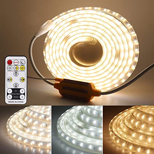 XUNATA 220V 2835 SMD 120LEDs/m LED Streifen Wasserdicht, Kein Bleidraht, 3 Farben in 1 Strip LED Lichterschlauch Leiste mit Wasserdicht Controller+14 Tasten IR-Fernbedienung (Warmweiß+weiß, 12M) von XUNATA