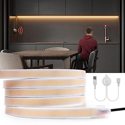 XUNATA COB Neon LED Streifen mit Bewegungsmelder, 5V 320LEDs/M COB LED Strip Superhell Hohe Dichte, LED Sensor Licht Diffusion Flex LED Schlauch für Heim DIY Festival Dekoration (Warmweiß, 1M) von XUNATA