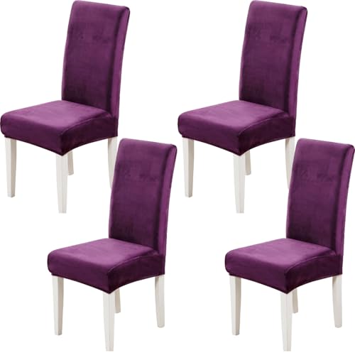 Xundefeng 4er Set Stretch Samt Stuhlhussen für Esszimmerstühle, Schutz Hussen für Stühle Schwingstühle, Dekoration Stuhlbezug für Haus, Küche, Hotel, Party - Violett von Xundefeng