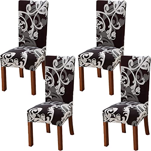 Xundefeng StuhlHussen 4er Set Dunkel Braune Blume Hoher Rückenlehne Schwingstuhl Esszimmerstuhl Freischwinger Esszimmer Stuhl Hussen Stretch Elasthan Schonbezüge Elastische Schutzhülle von Xundefeng