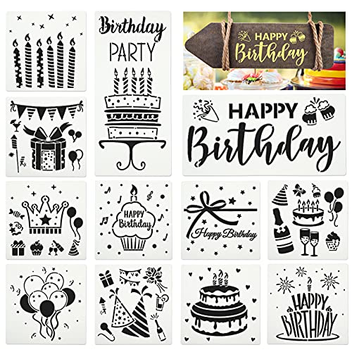 12 Stücke Geburtstagsschablonen Happy Birthday Vorlagen Geburtstagstorte Kerze Muster Schablonen Geburtstag Malerei Schablone Kuchen Prägung Thema Schablonen zum Zeichnen Scrapbook DIY von Xuniea