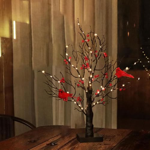 Kardinalrote Beeren, Tischdekoration mit Licht für Tischdekoration, LED-Weihnachtsbaum mit warmem Licht, LED-Feengeist-Baumlampe mit 3 AA-Batterien und USB-Stecker von Xusdamyj