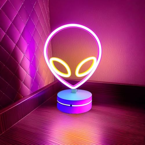 Xusdamyj Alien Neon Zeichen Lampe Lampe dimmbare LED mit standbarer Basis und berührbarem Schalter, USB oder 3-AA Batterie betriebene Neon Zeichen LED Desktop Wanddekoration für Party von Xusdamyj