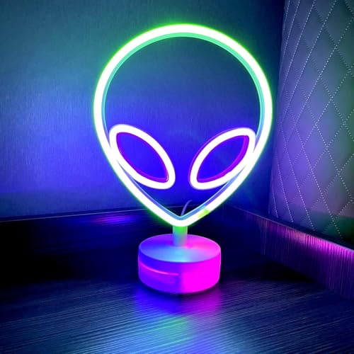 Xusdamyj Alien Neon Zeichen Lampe Lampe dimmbare LED mit standbarer Basis und berührbarem Schalter, USB oder 3-AA Batterie betriebene Neon Zeichen LED Desktop Wanddekoration für Party von Xusdamyj