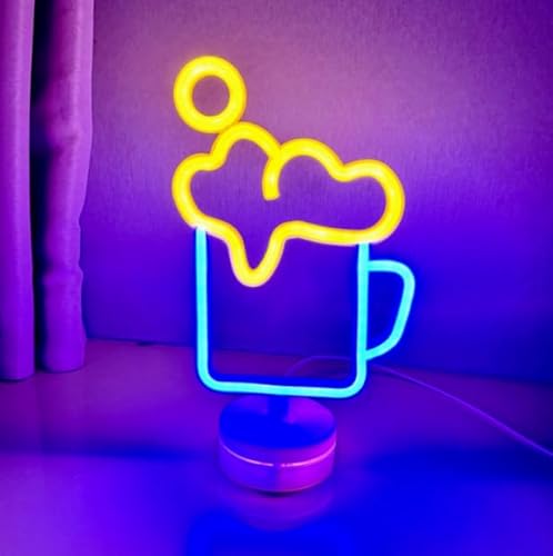 Xusdamyj Bier Neon Zeichen, dimmbare LED Bar mit Standable Base und berührbarer Schalter, USB oder 3-AA Akku betriebene Neon Zeichen LED Desktop Wanddekoration für Party, Cocktailbar, Pub von Xusdamyj