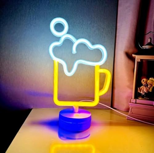 Xusdamyj Bier Neon Zeichen, dimmbare LED Bar mit Standable Base und berührbarer Schalter, USB oder 3-AA Akku betriebene Neon Zeichen LED Desktop Wanddekoration für Party, Cocktailbar, Pub von Xusdamyj