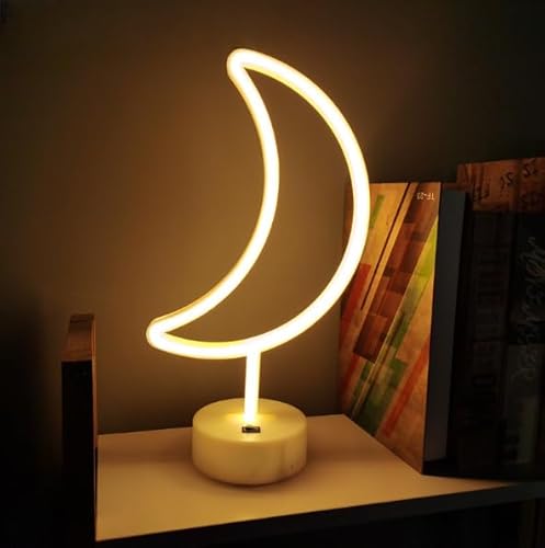 Xusdamyj Mond Neon Zeichen Lampe dimmbare LED mit Standable Basis und berührbarer Schalter, USB oder 3-AA Akku betriebene Neon Zeichen LED Desktop Wanddekoration für Party von Xusdamyj
