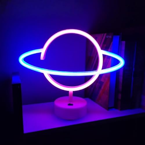 Xusdamyj Planet Neon Zeichen Lampe dimmbare LED mit Standable Basis und berührbarer Schalter, USB oder 3-AA Akku betriebene Neon Zeichen LED Desktop Wanddekoration für Party von Xusdamyj