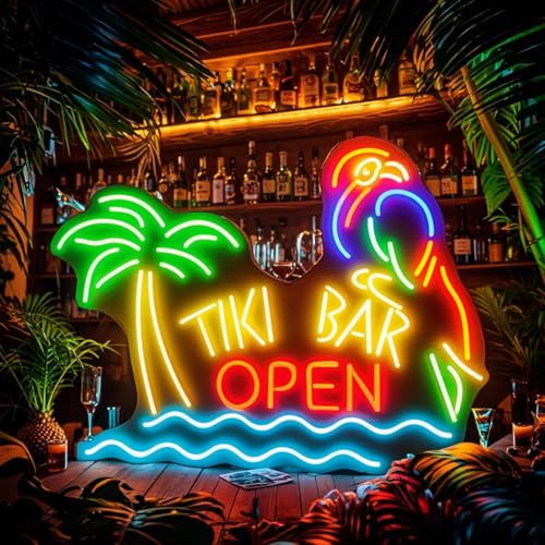 Xusdamyj Tiki-Bar geöffnet mit Papagei und Palme Neonschild, benutzerdefinierte Home-Bar LED Multicolor Bier Cocktail Neonlichtschilder von Xusdamyj