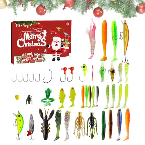 Xvilmaun Angeln Advents Countdown Kalender | Weihnachts Angelköder 24 Tage Countdown Kalender | Angelköder für Salzwasser und Süßwasser | Männer Teenager Großvater Ehemann Freund Vater Angler von Xvilmaun