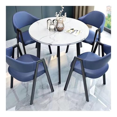 XwBaiW 5 Stück Runder Esstisch for 4 Faux Marmor Tischplatte Und 4 Stühle Moderne Küche Kreis Tisch Set Platzeinsparung for Wohnung(Bianco,Dark Blue) von XwBaiW