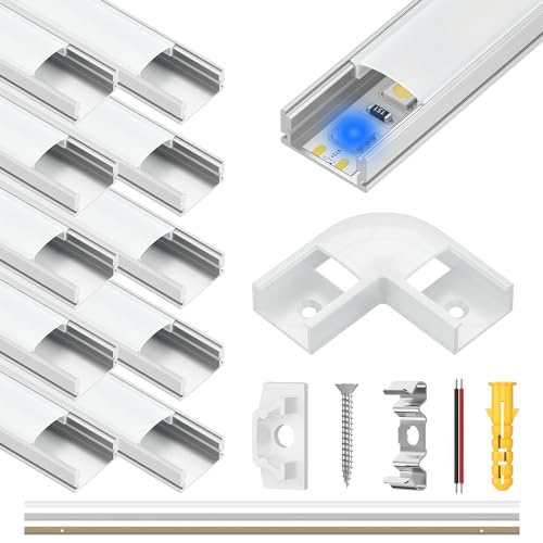 Xwartre LED Profile, Led Aluminium Profil U-Form 10 x 1M mit Weiß Milchige Abdeckung, Endkappen, und Montageklammer für LED-Streifen, LED Kanäle für LED Strips/Band bis 10 mm inkl von Xwartre
