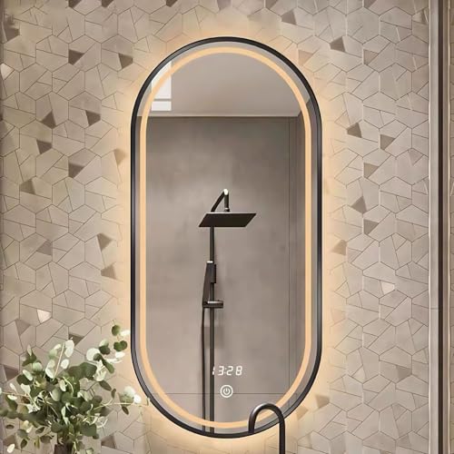 Xxbbyubo 130cm Schwarz Beleuchteter Wandspiegel, 120cm Oval Wandmontage Badspiegel mit Beschlagfrei, 100cm Gold Dimmbar Schminkspiegel mit Touch-Schalter(Black,60 * 100cm) von Xxbbyubo