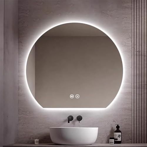 Xxbbyubo 90/100cm Rahmenlos Bad Wandspiegel, 80x70cm Anti-Beschlag Halbrunder Badspiegel mit Touch-Schalter, 3 Lichtfarbe Schminkspiegel, Explosionsschutz(Under Cut,32inch/80cm) von Xxbbyubo