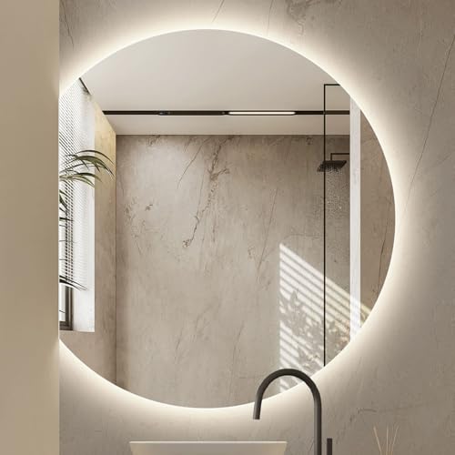 Xxbbyubo 90/100cm Rahmenlos Groß Wandspiegel mit Beleuchtung Dimmbar, LED Halbrunder Antibeschlag Spiegel mit Touch-Schalter, 3 Lichtfarbe Schminkspiegel für Frisiertisch(Left Cut,90cm/36in) von Xxbbyubo