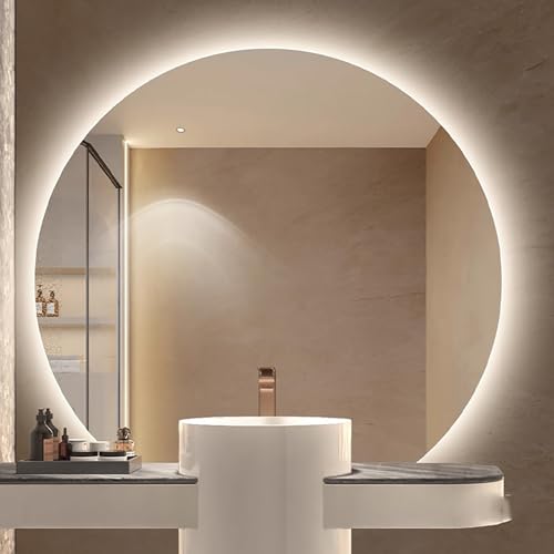 Xxbbyubo Antibeschlag Modern Badspiegel Intelligent, Halbrunder Wandspiegel mit Beleuchtung, 3 Lichtfarben Dimmbar, Unregelmäßiger Ganzkörperspiegel mit Hinterleuchteten(Under Cut,90cm/36inch) von Xxbbyubo