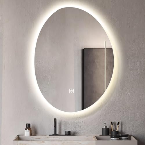 Xxbbyubo Asymmetrischer LED Schminkspiegel mit Beleuchtung, Dimmbar Intelligent Anti-Beschlag Badezimmerspiegel mit Touch-Schalter, HD Rahmenlos(24 * 16in) von Xxbbyubo