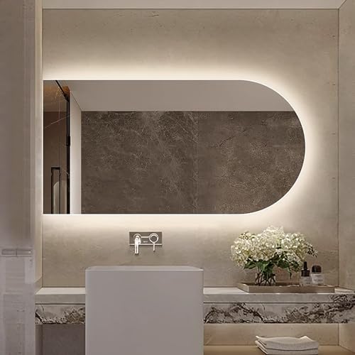 Xxbbyubo Beleuchteter Badezimmerspiegel, gebogen, dimmbar, mit Touch-Schalter, 3 Lichtfarben, intelligenter Anti-Beschlag-Effekt (linker Schnitt, 50 x 80 cm) von Xxbbyubo