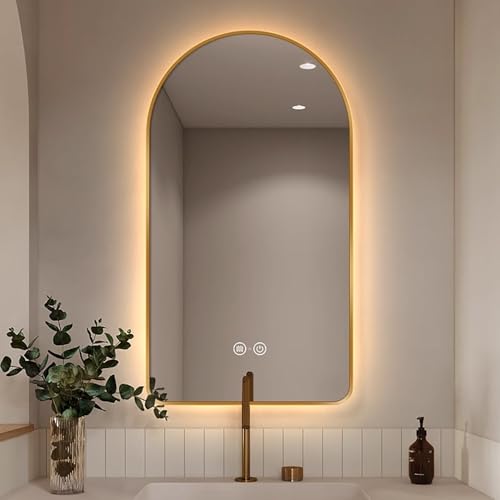 Xxbbyubo Goldrahmen Dekospiegel Bogen Hinterleuchteten Schminkspiegel Dimmbar Intelligent Touch Spiegel Groß Anti-Beschlag Gewölbt Wandspiegel mit Licht(Gold,20"x32") von Xxbbyubo