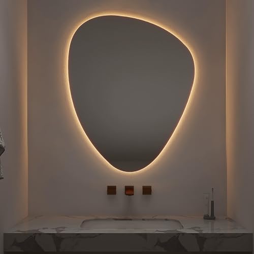 Xxbbyubo Groß Wandspiegel mit Beleuchtung Dimmbar, 80/90cm Asymmetrischer Schminkspiegel mit 3 Farben Licht, Modern Antibeschlag Badspiegel mit Touchschalter(Inversion Hanging,24inch/60cm) von Xxbbyubo