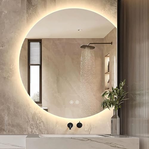 Xxbbyubo Halbrunder LED Spiegel Bad mit Antibeschlag, 100cm Intelligent 3 Lichtfarbe Wandspiegel, 90cm Unregelmäßiger Rahmenlos Schminkspiegel für Frisiertisch(Right Cut,40in/100cm) von Xxbbyubo