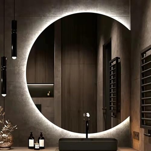 Xxbbyubo Intelligent Schminkspiegel mit Touchschalter, Halbrunder 3 Lichtfarben LED Dimmbar Dekospiegel, Anti-Beschlag Rahmenlos Spiegel Bad 80/90/100cm(Right Cut,80cm/32in) von Xxbbyubo
