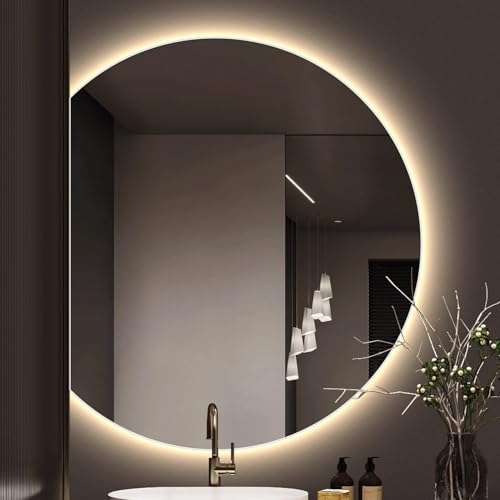 Xxbbyubo LED Halbrunder Spiegel Bad mit Beleuchtung Dimmbar Antibeschlag Modern Dekospiegel Rahmenloser Groß Wandspiegel 90/100cm mit Touchschalter(Left Cut,36x40inch) von Xxbbyubo