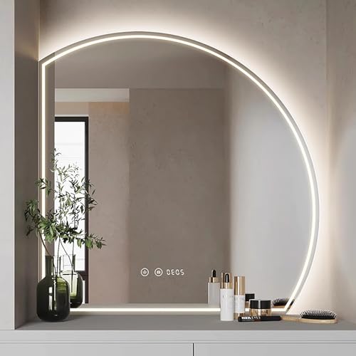 Xxbbyubo LED Intelligent Spiegel mit 3 Lichtfarbe, Halbrunder Dimmbar Beleuchteter Badspiegel mit Touch-Schalter, Beschlagfrei Unregelmäßiger Kosmetikspiegel(Right Half Moon,28in) von Xxbbyubo