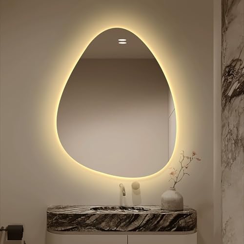 Xxbbyubo LED Mode Wandspiegel mit 3 Lichtfarben Dimmbar, 70/80cm Asymmetrischer Anti-Beschlag Badspiegel mit Touchschalter, 90/100cm Dekospiegel Rahmenloser(28 * 20in) von Xxbbyubo