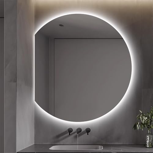 Xxbbyubo Mode Hinterleuchteten LED Spiegel, 3 Lichtfarben Dimmbar Schminkspiegel mit Touchschalter, Halbrunder Rahmenloser Anti-Beschlag Badspiegel für Badezimmer(Left Cut,90x100cm) von Xxbbyubo