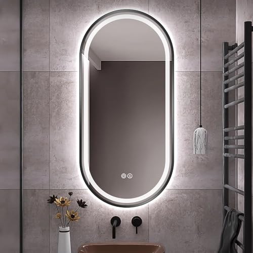 Xxbbyubo Modern Antibeschlag Spiegel für Bad mit Rahmen Schwarz, 120/130cm Beleuchteter Schminkspiegel mit 3 Lichtfarben Dimmbar, 90cm Oval Wandspiegel(Black,32x20inch) von Xxbbyubo