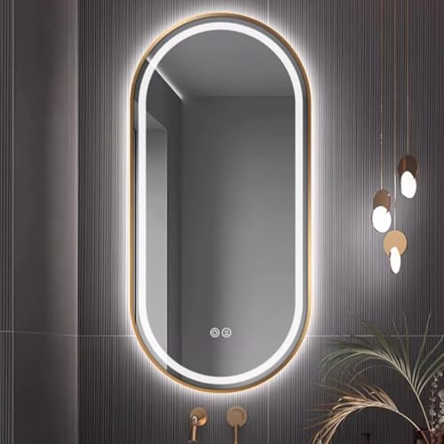 Xxbbyubo Modern Antibeschlag Spiegel für Bad mit Rahmen Schwarz, 120/130cm Beleuchteter Schminkspiegel mit 3 Lichtfarben Dimmbar, 90cm Oval Wandspiegel(Gold,40x24inch) von Xxbbyubo