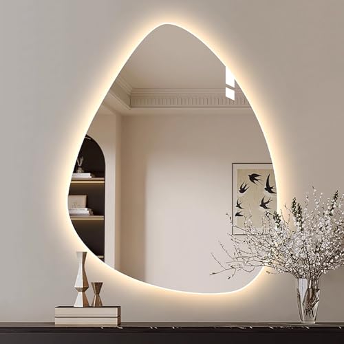 Xxbbyubo Modern Beleuchteter Ankleidespiegel, 3 Lichtfarbe Intelligent Schminkspiegel mit Touchschalter, Asymmetrischer Rahmenloser Badspiegel mit Antibeschlag(48 * 30inch) von Xxbbyubo