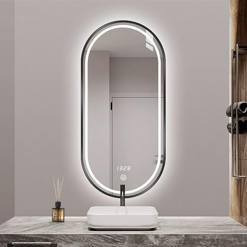 Xxbbyubo Modern Beleuchteter Spiegel mit Goldrahmen, 120/100cm Oval Antibeschlag Badezimmerspiegel mit Touch-Schalter, 90cm Schwarz Schminkspiegel mit 3 Lichtfarbe(Black,36 * 24inch) von Xxbbyubo