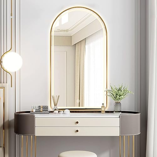 Xxbbyubo Modern Gold Wandmontage Dekospiegel mit Licht, Bogen Rahmen Schwarz Badspiegel mit Anti-Beschlag, 3 Lichtfarben Dimmbar mit Touchschalter(Gold,20x32In) von Xxbbyubo