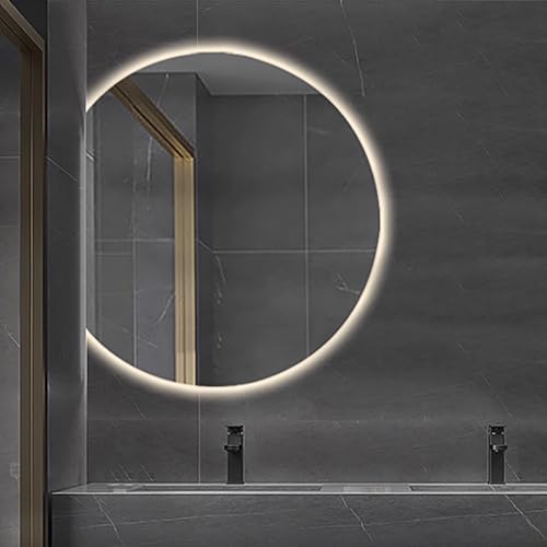 Xxbbyubo Modern LED Badezimmerspiegel mit Beleuchtung, Intelligent Beschlagfrei Dimmbar Eitelkeitsspiegel Rahmenlos 80/90cm, Halbrunder 3 Lichtfarben Wandspiegel(Left Cut,70cm/28in) von Xxbbyubo