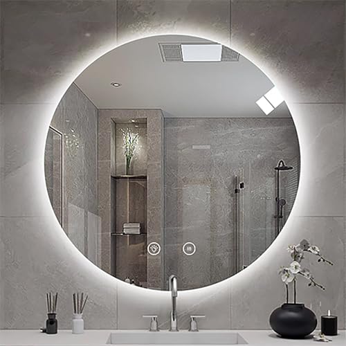 Xxbbyubo Modern LED Wandspiegel Rund 80cm Intelligent Dimmbar Schminkspiegel mit Touchschalter Beschlagfrei 3 Lichtfarben Badspiegel 90/100cm Rahmenlos(44in/110cm) von Xxbbyubo