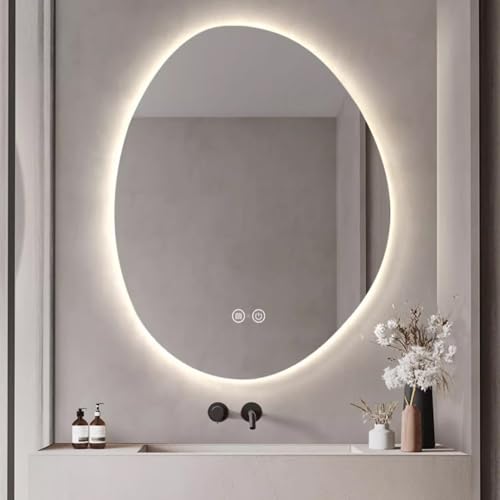 Xxbbyubo Modern Unregelmäßiger Oval Dekospiegel, 3 Lichtfarben Dimmbar Schminkspiegel Asymmetrisch 80/90cm, Beschlagfrei Badezimmerspiegel mit Touch-Schalter(40 * 60cm) von Xxbbyubo
