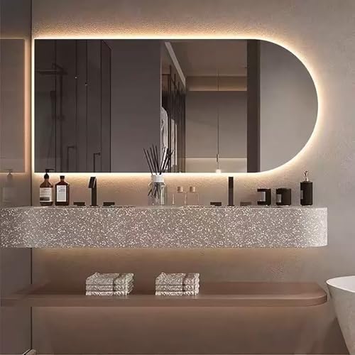 Xxbbyubo Wandmontage Beleuchteter Schminkspiegel, 3 Lichtfarben Dimmbar, Bogen Anti-Beschlag Badezimmerspiegel mit Touch-Schalter(Left Cut,32"x20") von Xxbbyubo